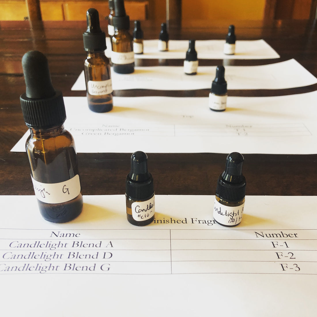 Testing perfume accords made from essential oils.